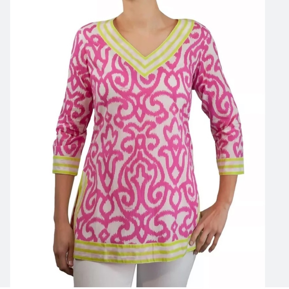 Gretchen Scott Designs Pink Arabesque 100% Cotton V-Neck Tunic Blouse Size Small